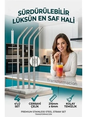 Belirtilmemiş Paslanmaz Çelik Metal Pipet Seti 4'lü - Yıkanabilir Fırçalı Çevre Dostu Pipet 723136