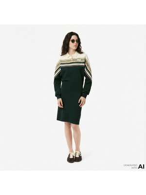 Lacoste Kadın Slim Fit Uzun Kollu Polo Yaka Renk Bloklu Koyu Yeşil Elbise