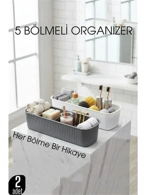 Akıllı Bayi 5 Bölmeli Banyo ve Makyaj Organizer Kutusu Gri & Beyaz 2’li Set Tezgah Üstü Düzenleyici
