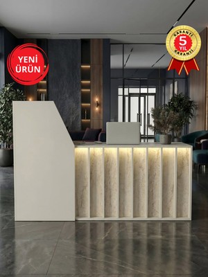Dorpek Ledli Karşılama Bankosu 182 cm Ofis Kasa Resepsiyon Masası, Raflı ve Çekmeceli, Sepet - Traverten | Zeugma
