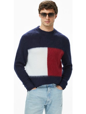 Tommy Hilfiger Alpaca Blend Big Flag Yuvarlak Yaka Erkek Lacivert Kazak