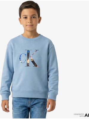 Calvin Klein Filled-In Photo Fleece Mono Çocuk Mavi Sweatshirt