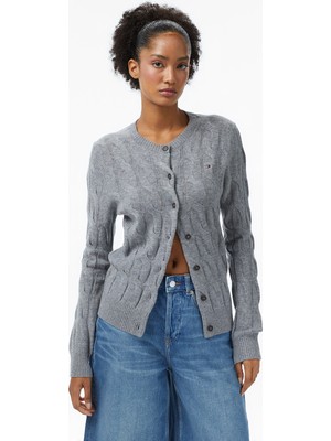 Tommy Hilfiger Soft Wool Cable Cardigan Kadın Triko Gri Hırka