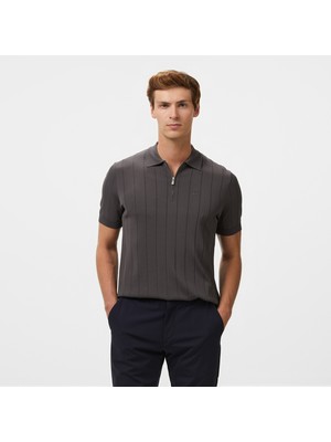Brooks Brothers Polo Yaka Nervürlü Rayon Kısa Kol Erkek Gri Kazak