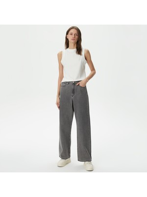 Lacoste Kadın Loose Fit Gri Jean Pantolon