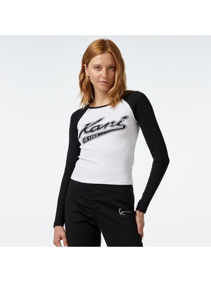 Karl Kani Kk Varsity Crop Block Rib Ls Kadın Beyaz Bluz