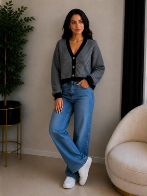 SFG Life Moda Kadın V Yaka Düğmeli Şeritli Kısa Crop Ceket-Hırka