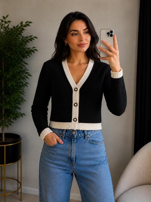 SFG Life Moda Kadın V Yaka Düğmeli Şeritli Kısa Crop Ceket-Hırka