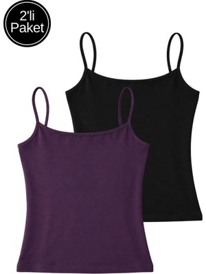 Rich Kadın 2'li Paket Siyah-Mor Pamuklu Askılı Crop Atlet