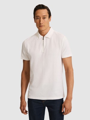 Cacharel Erkek Ekru Slim Fit Saf Pamuk Fermuarlı Polo Yaka T-Shirt 50328377-VR019