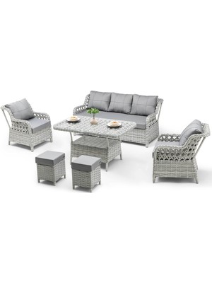 Hier Zen Rattan Puflu Bahçe Balkon Mobilyası 3+1+1 Gri 7 Kişilik Premium Bahçe Takımı Balkon Mobilyası