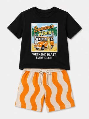 Yiğit Butik Erkek Çocuk Summer Vibes Baskılı Siyah Tişörtlü Yazlık Şort Takımı