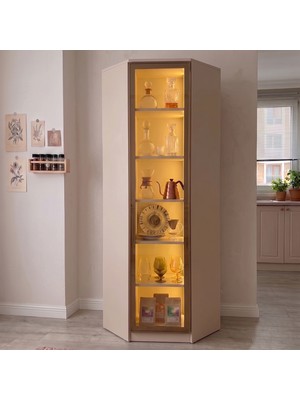 Eymense Hera Kahve Köşesi %100 Mdf Köşe Çok Amaçlı  Sensör Ledli Mutfak Dolabı Raflı Bej