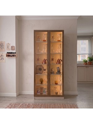 Eymense Hera Kahve Köşesi %100 Mdf Çerçeveli Cam Iki Kapaklı Çok Amaçlı Sensör Ledli Mutfak Dolabı Raflı Bej