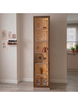 Eymense Hera Kahve Köşesi %100 Mdf Tekli Camlı Çok Amaçlı Sensör Ledli Mutfak Dolabı Raflı Bej