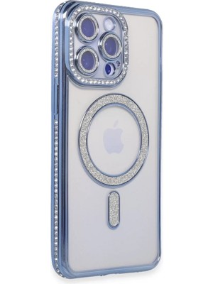 Newface Apple iPhone 15 Pro Max Kılıf Joke Simli Magneticsafe Kılıf - Mavi
