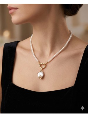 Eyla Collection Gerçek Incili Kalp Klipsli Kolye