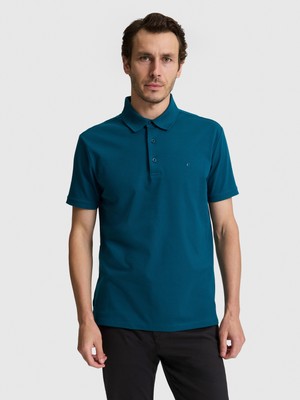 Cacharel Erkek Petrol Mavi Slim Fit Pamuk Karışımlı Düğmeli Polo Yaka Basic T-Shirt 50328375-VR016