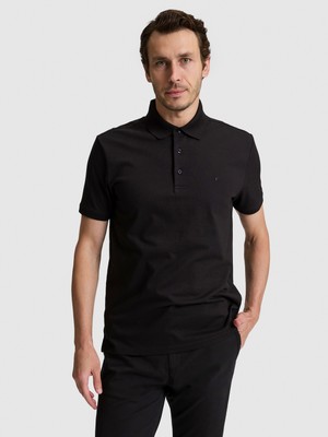 Cacharel Erkek Siyah Slim Fit Pamuk Karışımlı Düğmeli Polo Yaka Basic T-Shirt 50328375-VR046