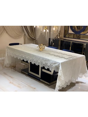 Hausset Home Ekru Kadife  Fransiz Dantelli 160/260 Masa Örtüsü