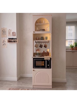 Eymense Hera Kahve Köşesi %100 Mdf Fırın Modüllü Çok Amaçlı Sensör Ledli Mutfak Dolabı Raflı Bej
