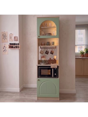 Eymense Hera Kahve Köşesi %100 Mdf Fırın Modüllü Çok Amaçlı Sensör Ledli Mutfak Dolabı Raflı Yeşil Bej