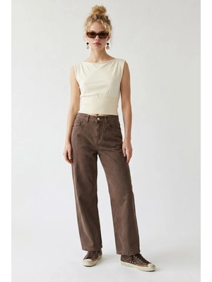 Mixray 2128 Kadın Ince Mevsimlik Yüksek Bel Wide Leg Denim Pantolon Kahve