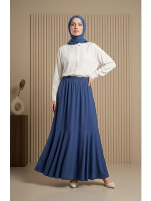 Sefa Merve Bürümcük Kumaş Beli Lastikli Büzgülü Etek 0561-03 Indigo