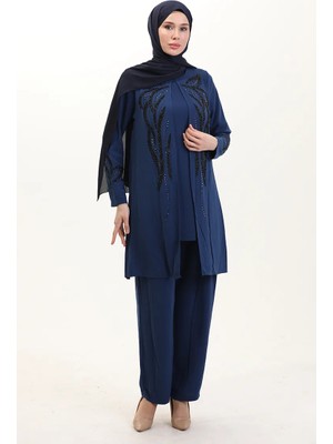 Sefa Merve Büyük Beden Taşlı Tunik Pantolon Ikili Takım 6210-05 Indigo