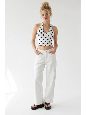 Mixray 2128 Kadın Ince Mevsimlik Yüksek Bel Wide Leg Denim Pantolon Beyaz