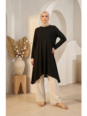 Sefa Merve Bürümcük Kumaş Asimetrik Kesim Uzun Tunik 0562-05 Siyah