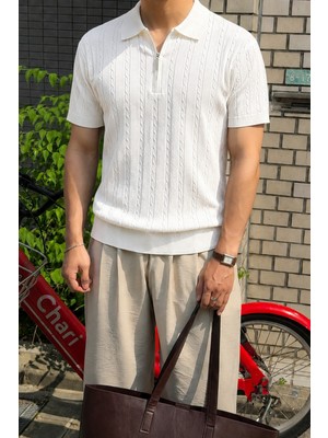 Tarz Cool Erkek Slim Fit Fermuarlı Polo Yaka Saç Örgü Desenli Triko Tişört – Yazlık Pamuklu Esnek Örme