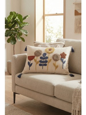 Destiva Home Renkli Çiçek Bahçesi Punch Nakışlı Dekoratif Püsküllü Gizli Fermuarlı Pamuk Kırlent Kılıfı 35X55 cm