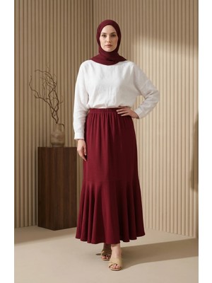 Sefa Merve Bürümcük Kumaş Beli Lastikli Büzgülü Etek 0561-01 Bordo
