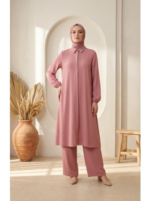 Sefa Merve Aerobin Kumaş Tunik Pantolon Ikili Takım 4142-13 Pudra