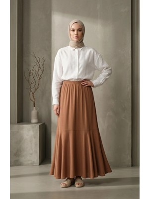 Sefa Merve Bürümcük Kumaş Beli Lastikli Büzgülü Etek 0561-04 Bisküvi
