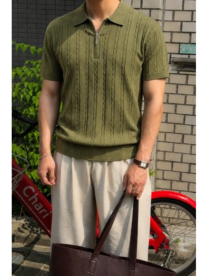 Tarz Cool Erkek Slim Fit Fermuarlı Polo Yaka Saç Örgü Desenli Triko Tişört – Yazlık Pamuklu Esnek Örme