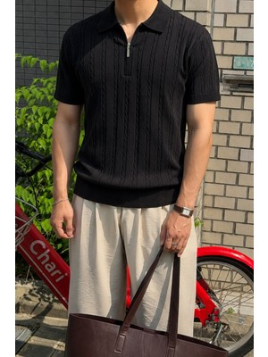 Tarz Cool Erkek Slim Fit Fermuarlı Polo Yaka Saç Örgü Desenli Triko Tişört – Yazlık Pamuklu Esnek Örme
