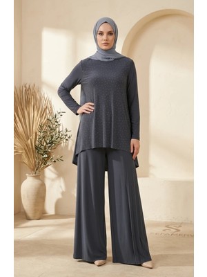 Sefa Merve Sandy Kumaş Bluz Pantolon Tesettür Ikili Takım 5632-02 Füme