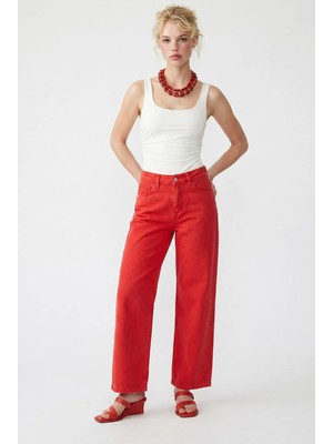 Mixray 2128 Kadın Ince Mevsimlik Yüksek Bel Wide Leg Denim Pantolon Kırmızı