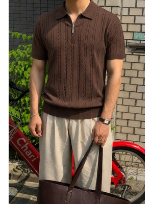 Tarz Cool Erkek Slim Fit Fermuarlı Polo Yaka Saç Örgü Desenli Triko Tişört – Yazlık Pamuklu Esnek Örme