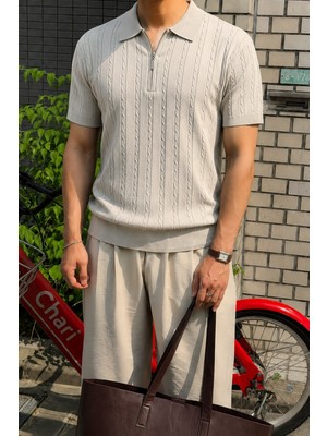 Tarz Cool Erkek Slim Fit Fermuarlı Polo Yaka Saç Örgü Desenli Triko Tişört – Yazlık Pamuklu Esnek Örme