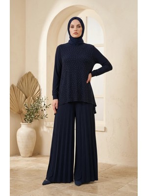 Sefa Merve Sandy Kumaş Bluz Pantolon Tesettür Ikili Takım 5632-01 Lacivert