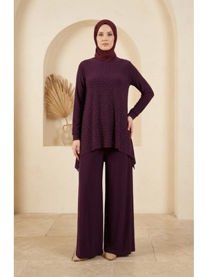 Sefa Merve Sandy Kumaş Bluz Pantolon Tesettür Ikili Takım 5632-03 Mürdüm