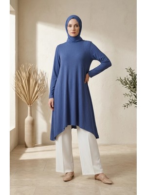 Sefa Merve Bürümcük Kumaş Asimetrik Kesim Uzun Tunik 0562-08 Indigo