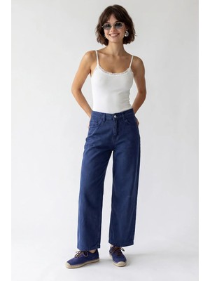 Mixray 2128 Kadın Ince Mevsimlik Yüksek Bel Wide Leg Denim Pantolon Lacivert