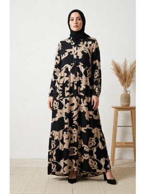 Sefa Merve Viskon Kumaş Desenli Tesettür Elbise 4123-03 Siyah