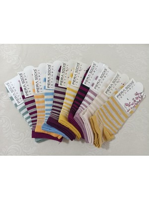Pera Socks 10'lu Çizgili Kadın Patik Çorabı Nefes Alabilen Kumaş Cm7