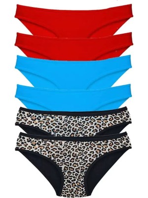 MiraLive 6 Adet Likralı Kadın Slip Külot Leopar Kırmızı Mavi