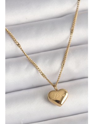 Lumina 316L Çelik Gold Renk Zincir Love Işlemeli Kalp Figür Kadın Kolye 5886